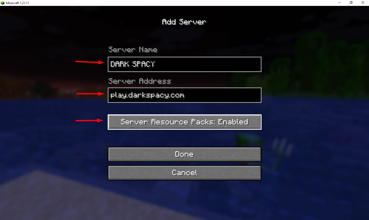 Fill in the server details